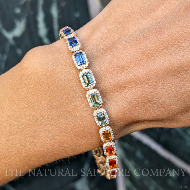 8.40 Ct.Tw. Multi Color Sapphire and Natural Diamond Pave Bracelet, 14K Yellow Gold