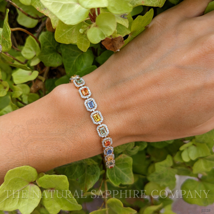 5.28 Ct.Tw. Multi Color Sapphire and Natural Diamond Pave Bracelet, 14K Yellow Gold