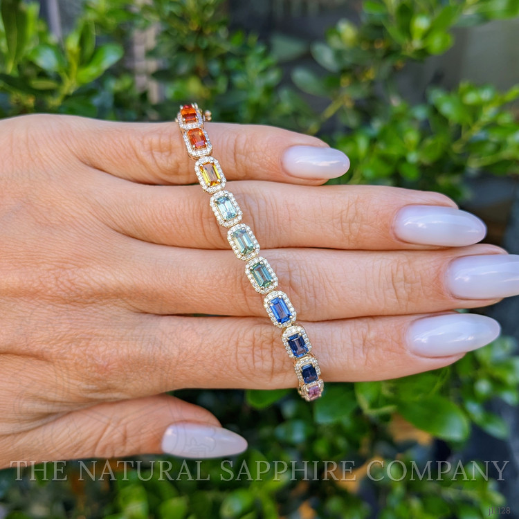 8.40 Ct.Tw. Multi Color Sapphire and Natural Diamond Pave Bracelet, 14K Yellow Gold