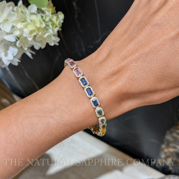 8.40 Ct.Tw. Multi Color Sapphire and Natural Diamond Pave Bracelet, 14K Yellow Gold