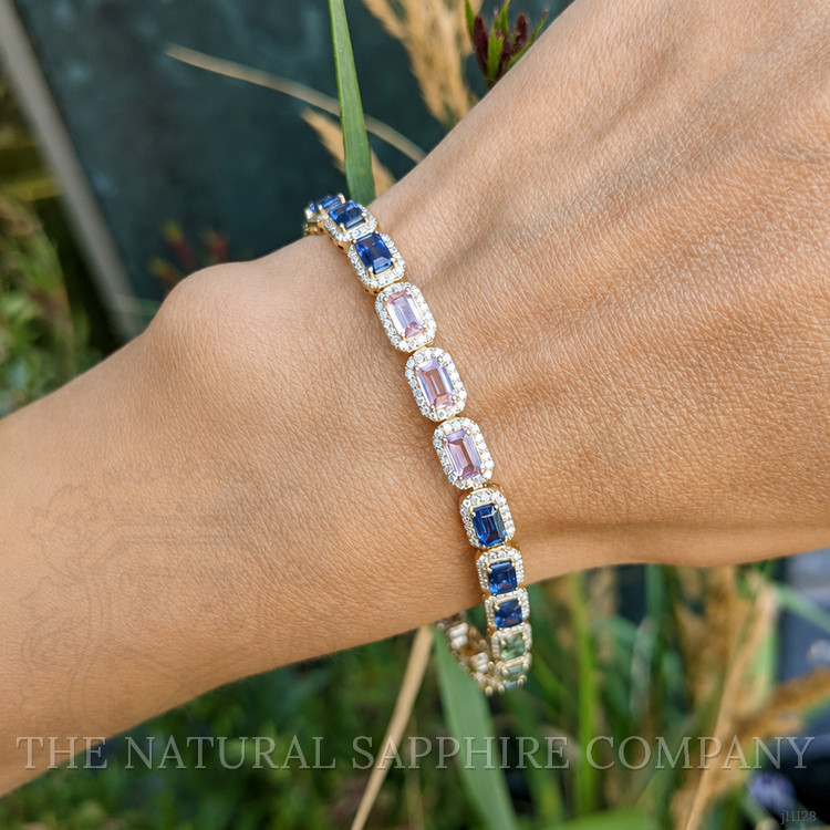 8.40 Ct.Tw. Multi Color Sapphire and Natural Diamond Pave Bracelet, 14K Yellow Gold