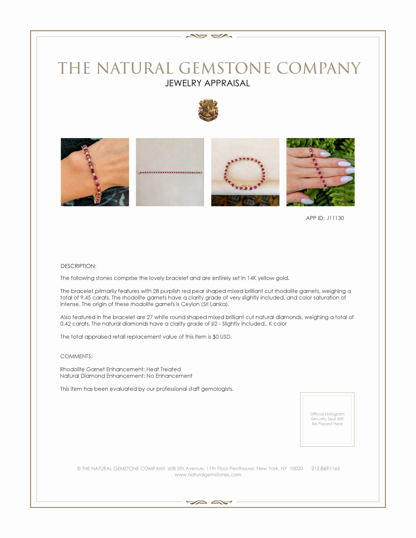 9.45 Ct.Tw. Rhodolite Garnet Natural Diamond Tennis/Line Bracelet, 14K Yellow Gold