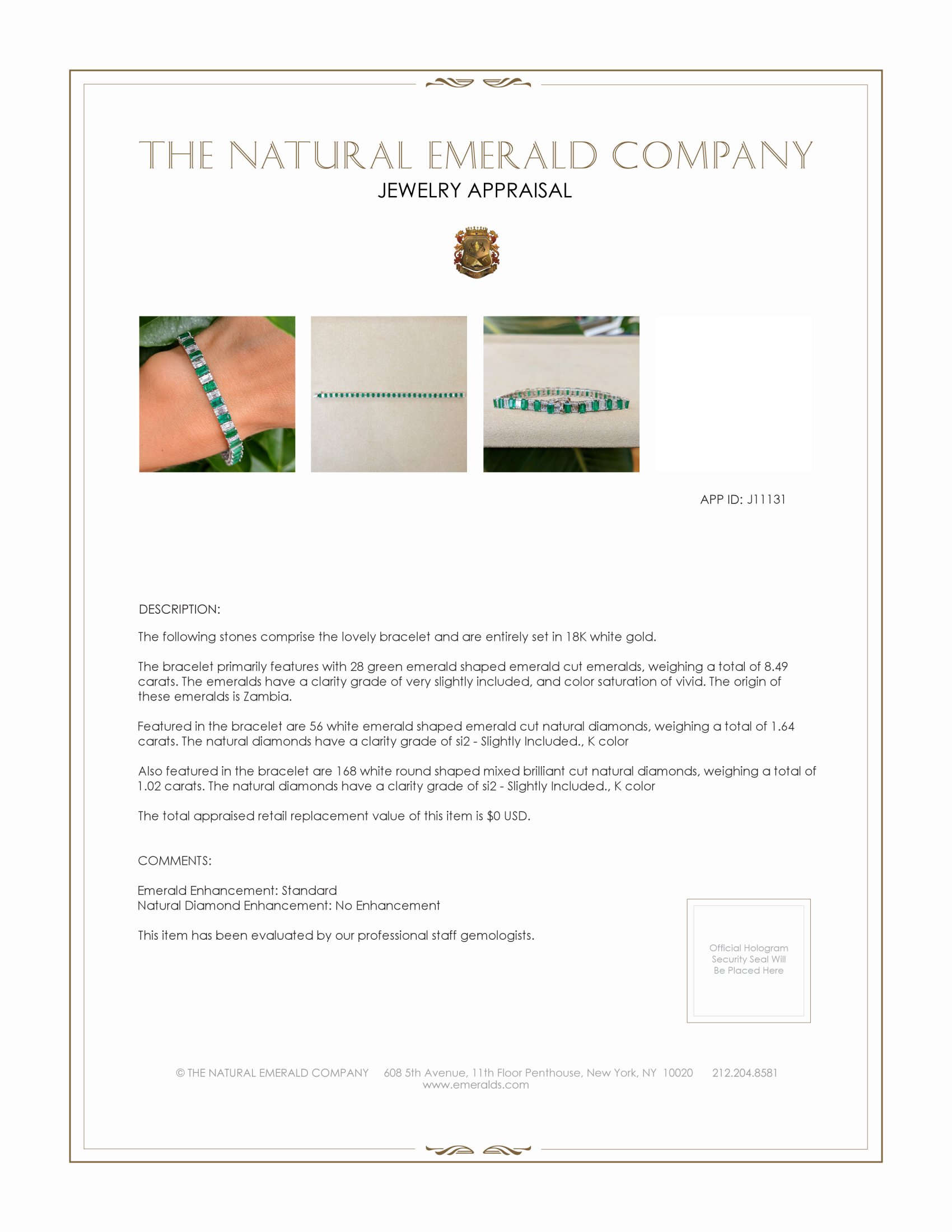 8.49 Ct.Tw. Emerald and Natural Diamond Tennis/Line Bracelet, 18K White Gold