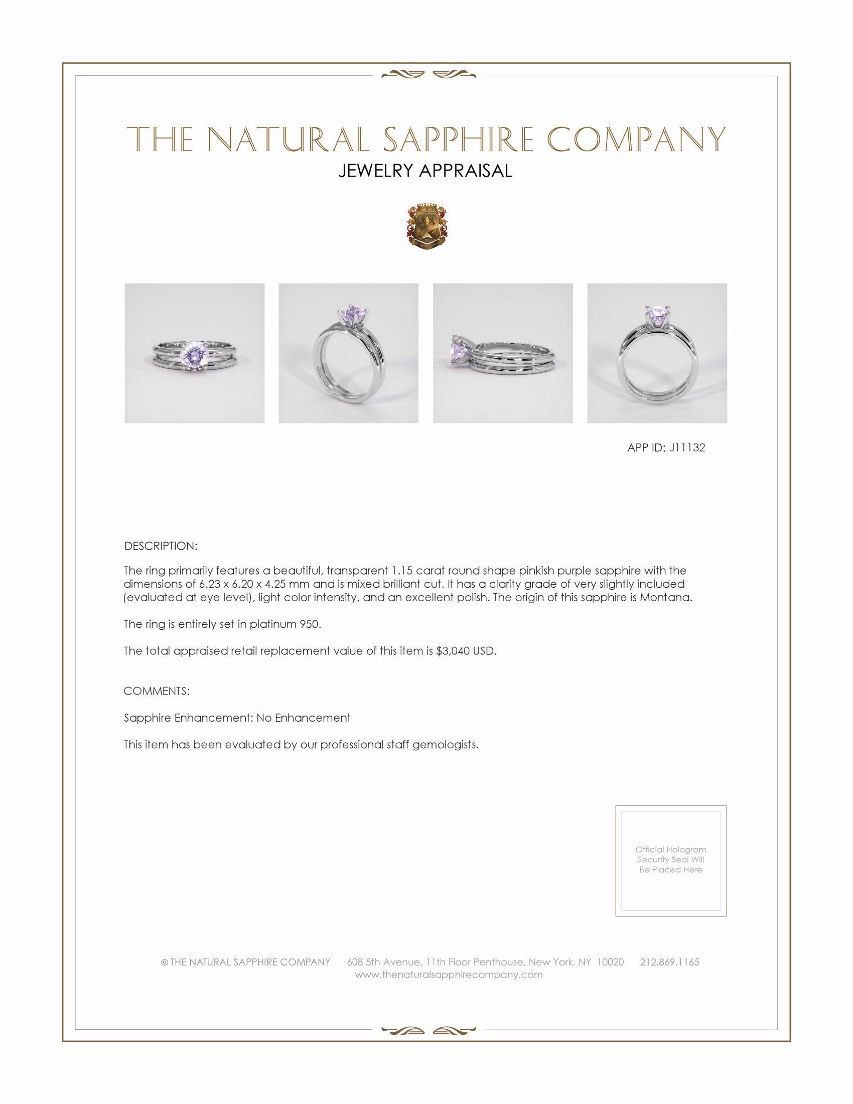 1.15 Ct. Pinkish Purple Sapphire Wedding Set Ring, Platinum 950