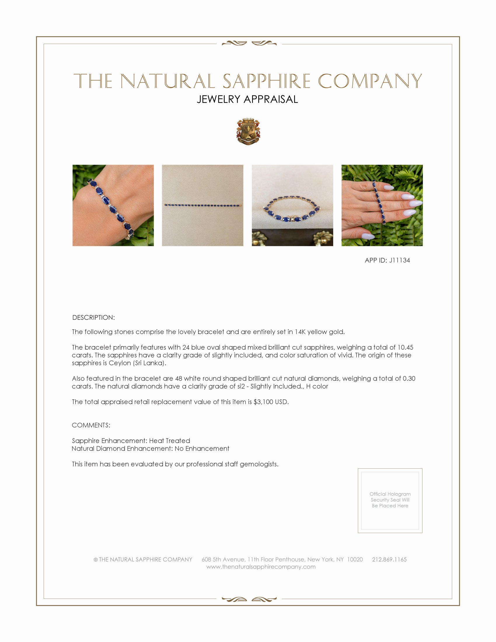 10.45 Ct.Tw. Blue Sapphire and Natural Diamond Tennis/Line Bracelet, 14K Yellow Gold