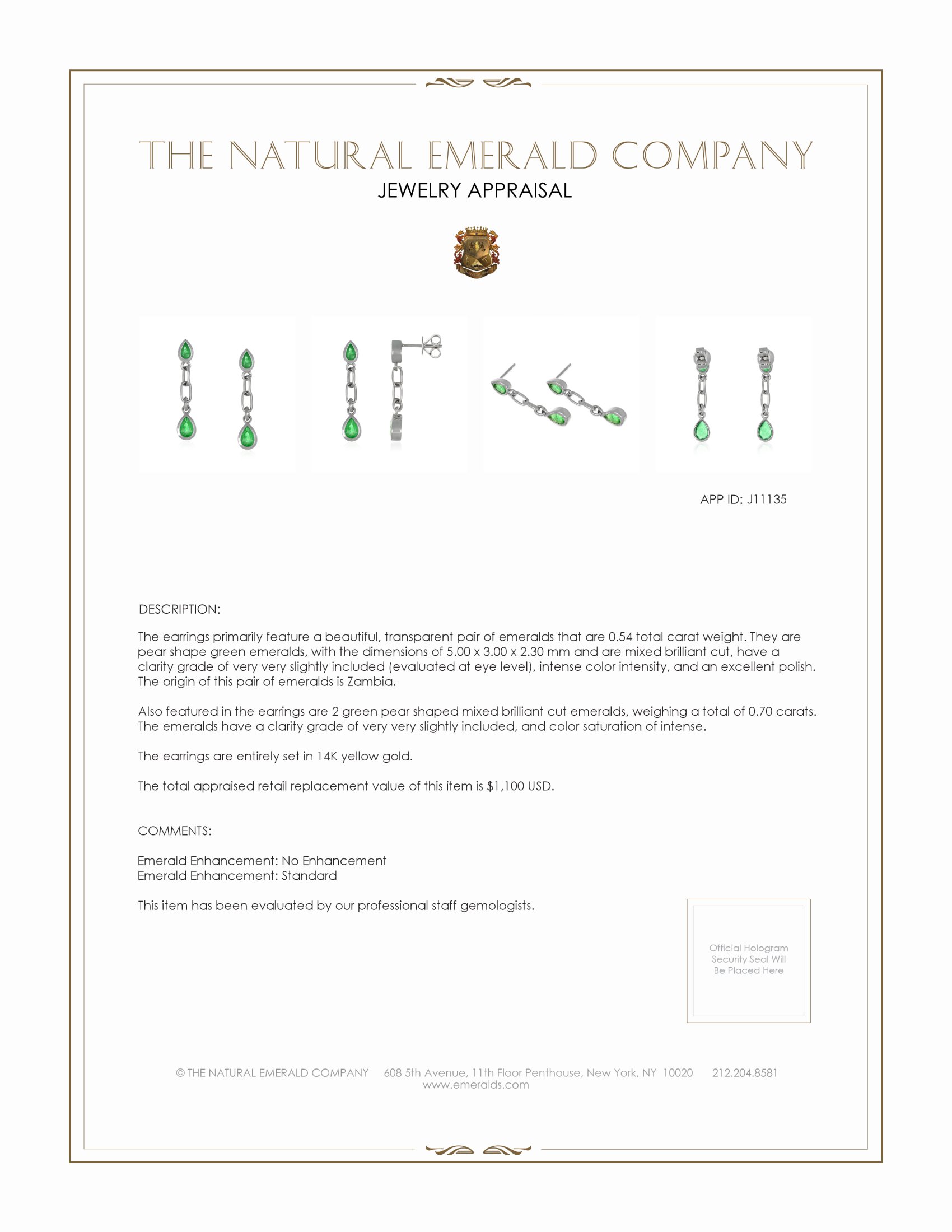 0.54 Ct.Tw. Emerald Emerald Bezel Earrings, 14K Yellow Gold