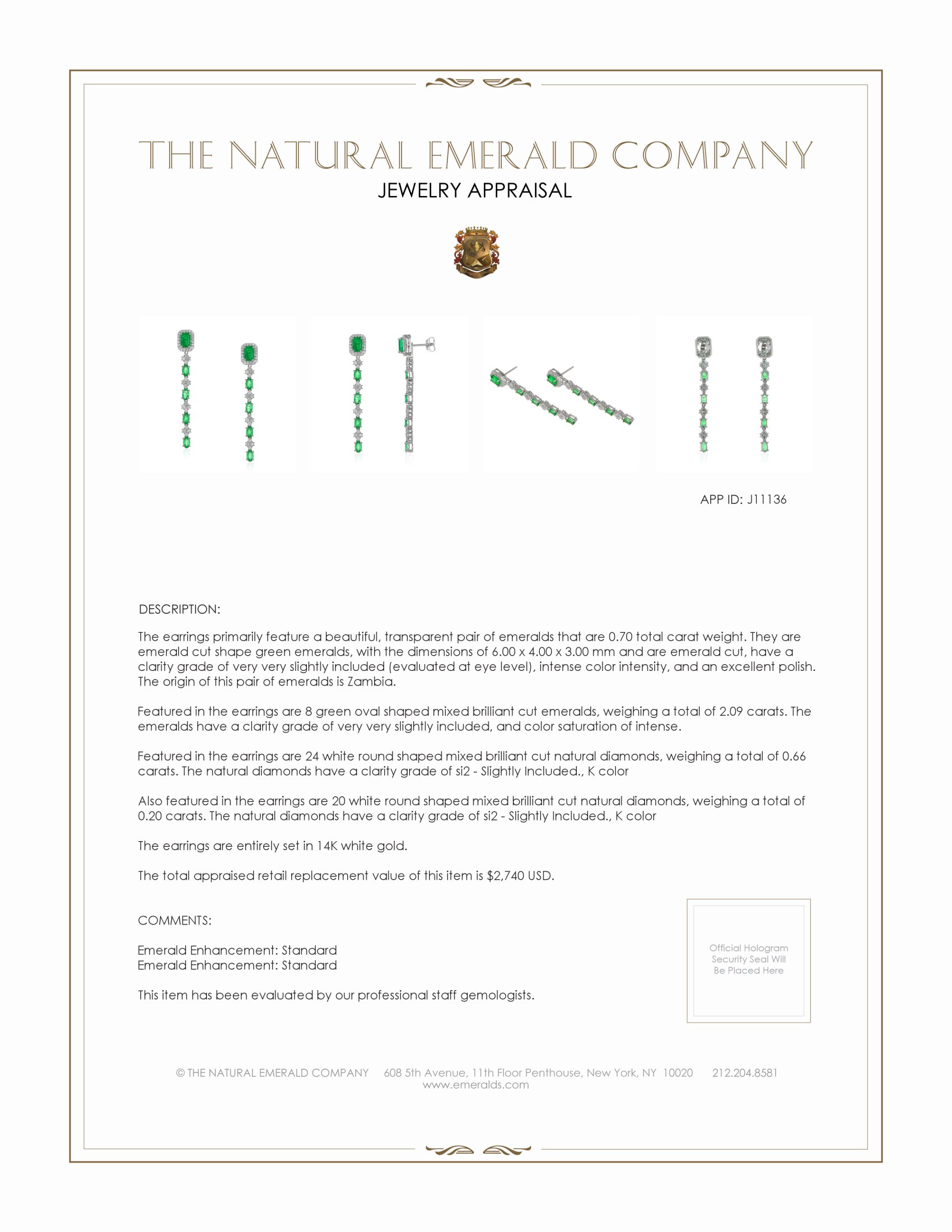 0.70 Ct.Tw. Emerald and Natural Diamond Drops Earrings, 14K White Gold