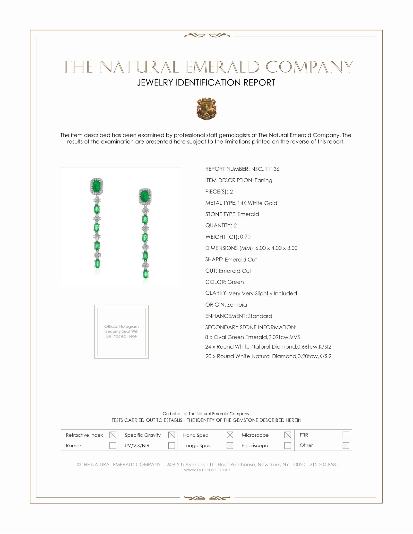 0.70 Ct.Tw. Emerald and Natural Diamond Drops Earrings, 14K White Gold