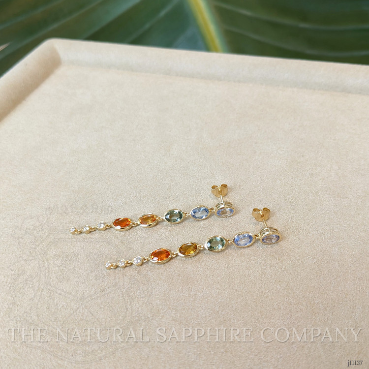 5.78 Ct.Tw. Multi Color Sapphire and Natural Diamond Bezel Earrings, 14K White Gold