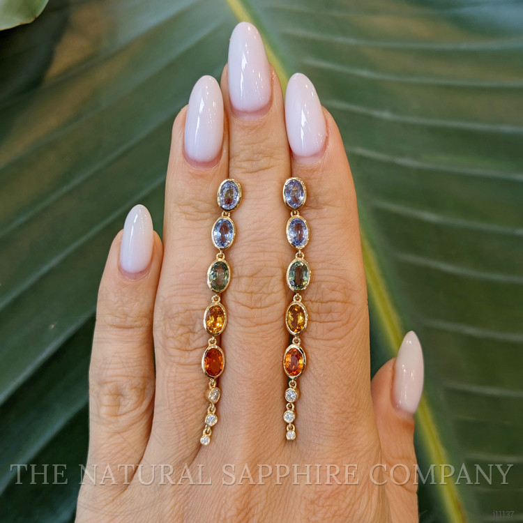 5.78 Ct.Tw. Multi Color Sapphire and Natural Diamond Bezel Earrings, 14K White Gold