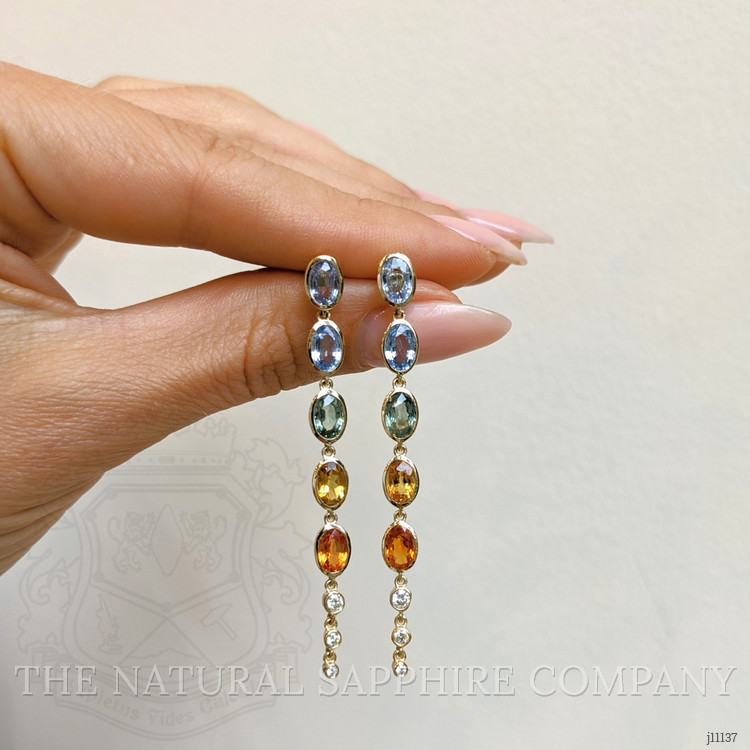 5.78 Ct.Tw. Multi Color Sapphire and Natural Diamond Bezel Earrings, 14K White Gold