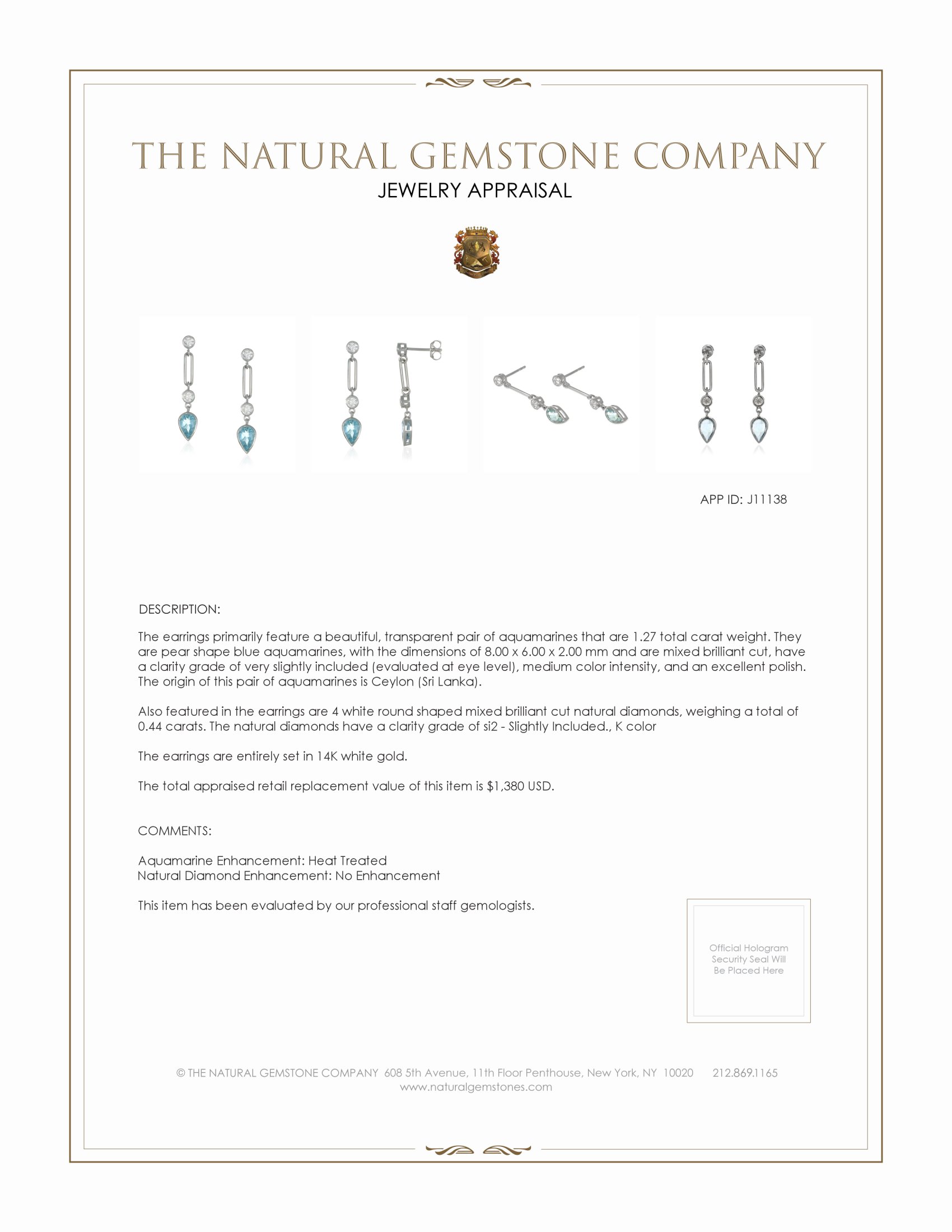 1.27 Ct.Tw. Aquamarine Natural Diamond Bezel Earrings, 14K White Gold