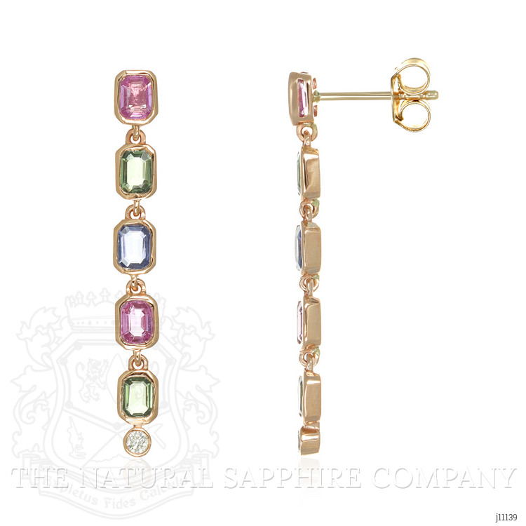 1.97 Ct.Tw. Multi Color Sapphire and Natural Diamond Bezel Earrings, 14K Rose Gold