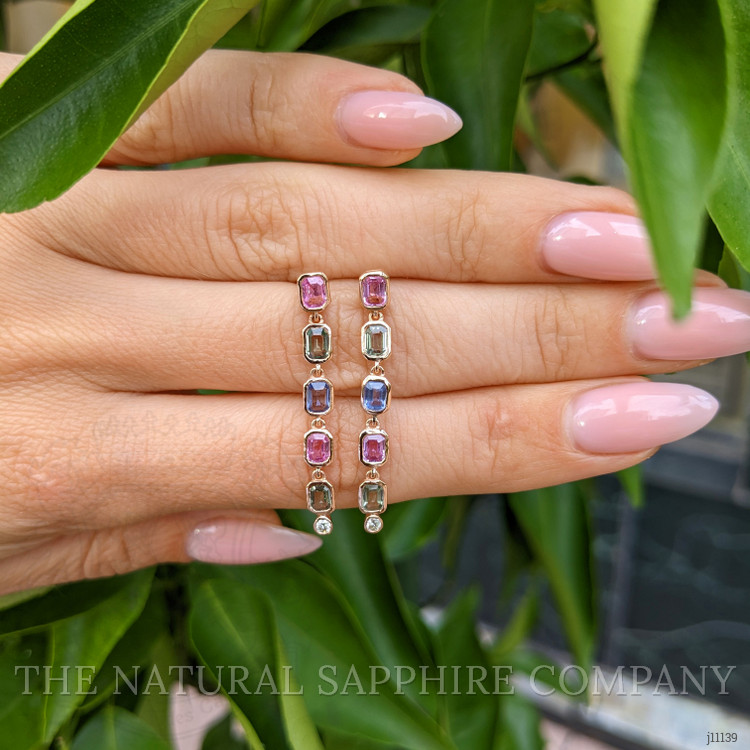 1.97 Ct.Tw. Multi Color Sapphire and Natural Diamond Bezel Earrings, 14K Rose Gold