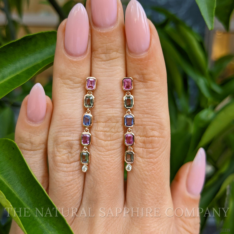 1.97 Ct.Tw. Multi Color Sapphire and Natural Diamond Bezel Earrings, 14K Rose Gold