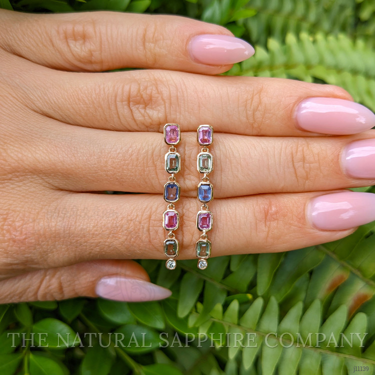 1.97 Ct.Tw. Multi Color Sapphire and Natural Diamond Bezel Earrings, 14K Rose Gold