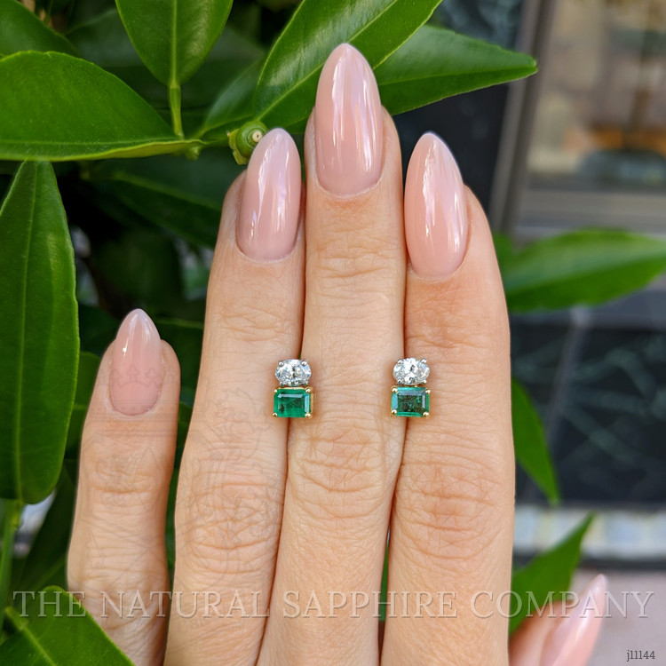 1.24 Ct.Tw. Emerald and Natural Diamond Drops Earrings, 14K White & Yellow