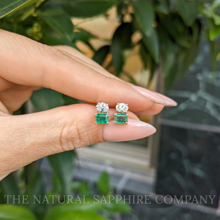 1.24 Ct.Tw. Emerald and Natural Diamond Drops Earrings, 14K White & Yellow