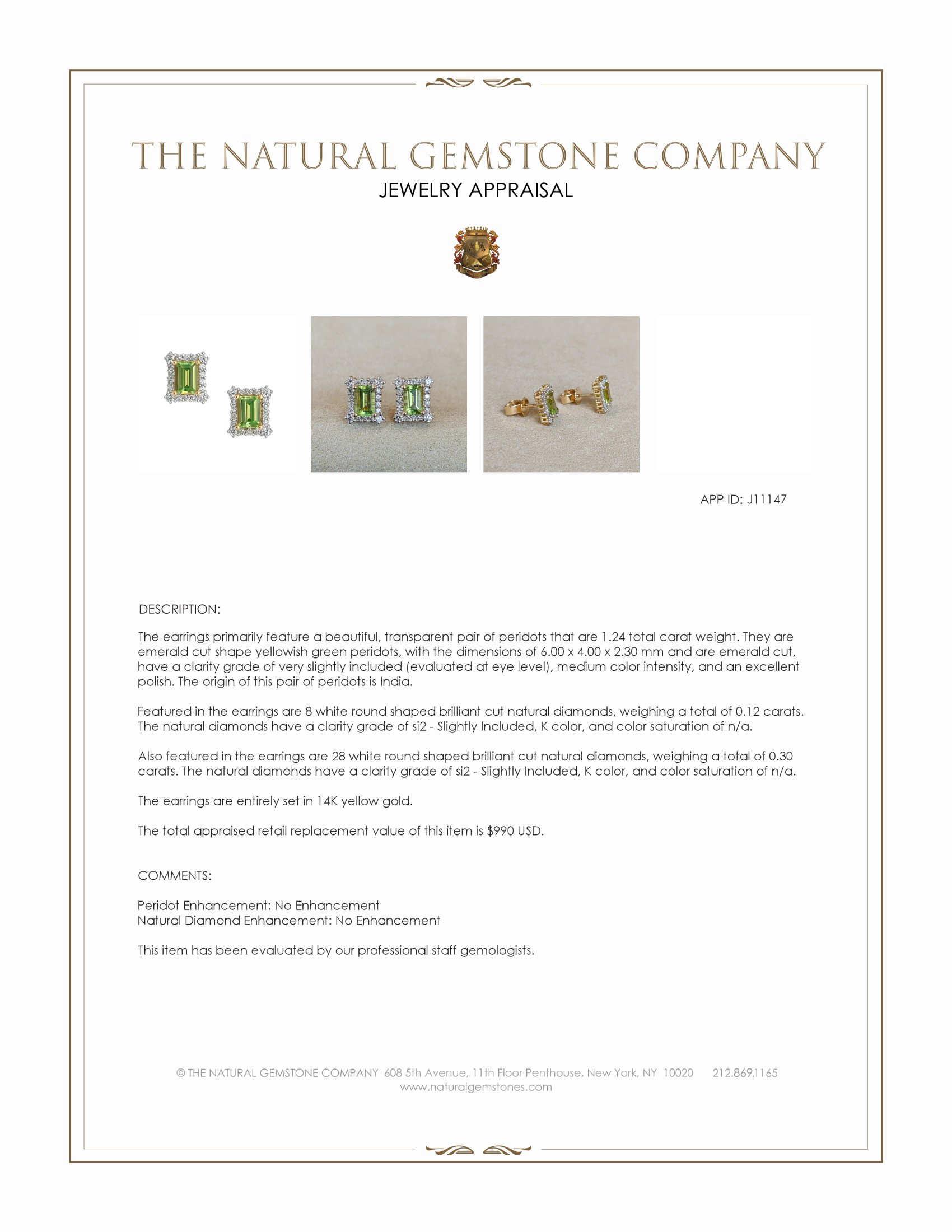 1.24 Ct.Tw. Yellowish Green Peridot and Natural Diamond Studs Earrings, 14K Yellow Gold