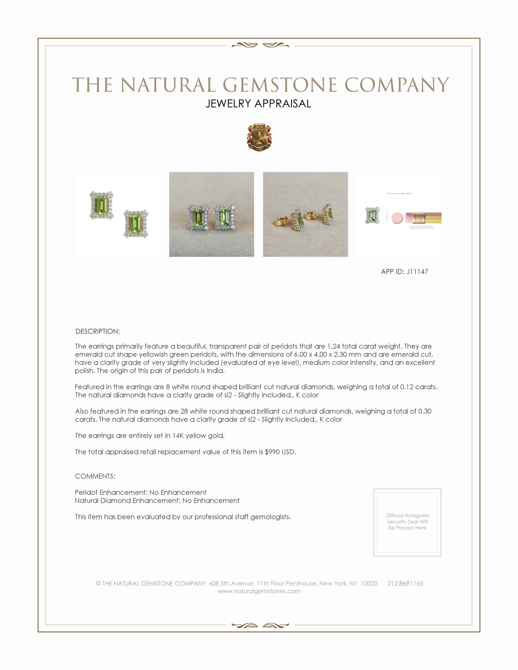 1.24 Ct.Tw. Peridot Natural Diamond Studs Earrings, 14K Yellow Gold