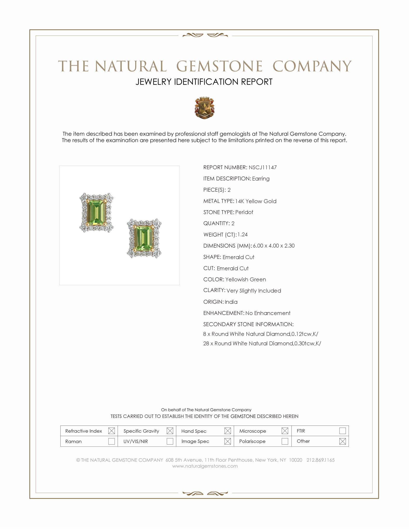 1.24 Ct.Tw. Yellowish Green Peridot and Natural Diamond Studs Earrings, 14K Yellow Gold