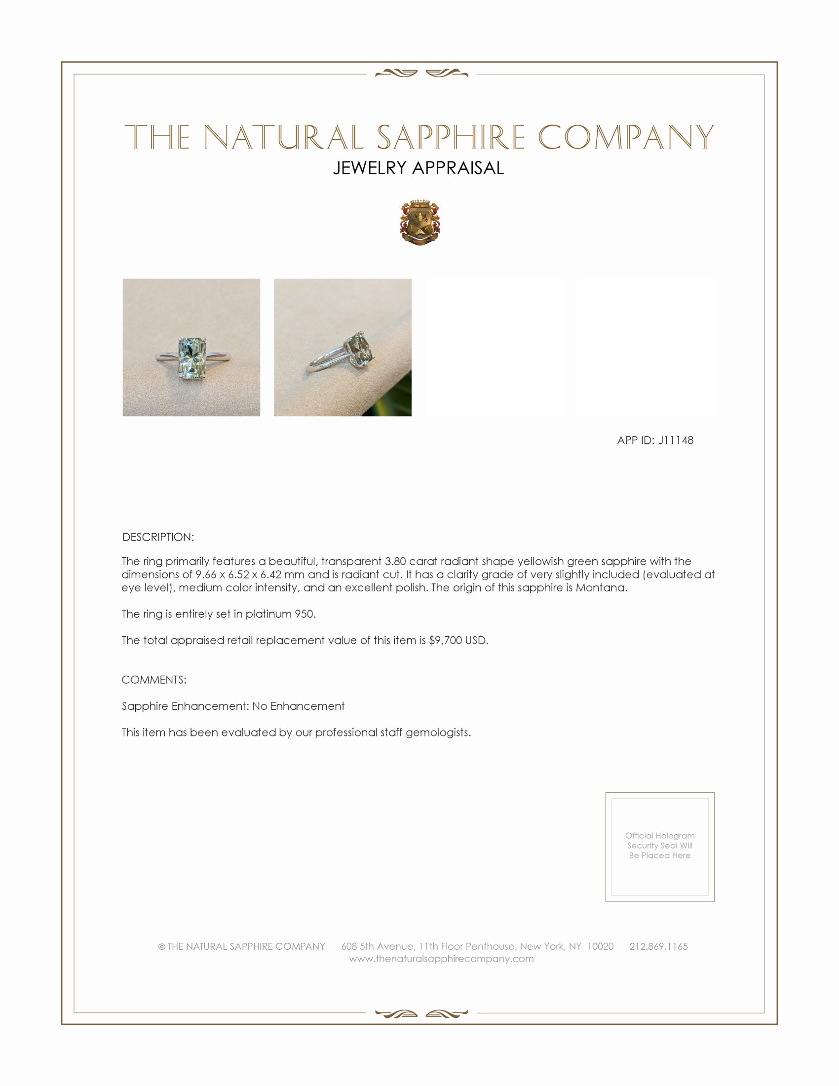 3.80 Ct. Yellowish Green Sapphire Solitaire Ring, Platinum 950