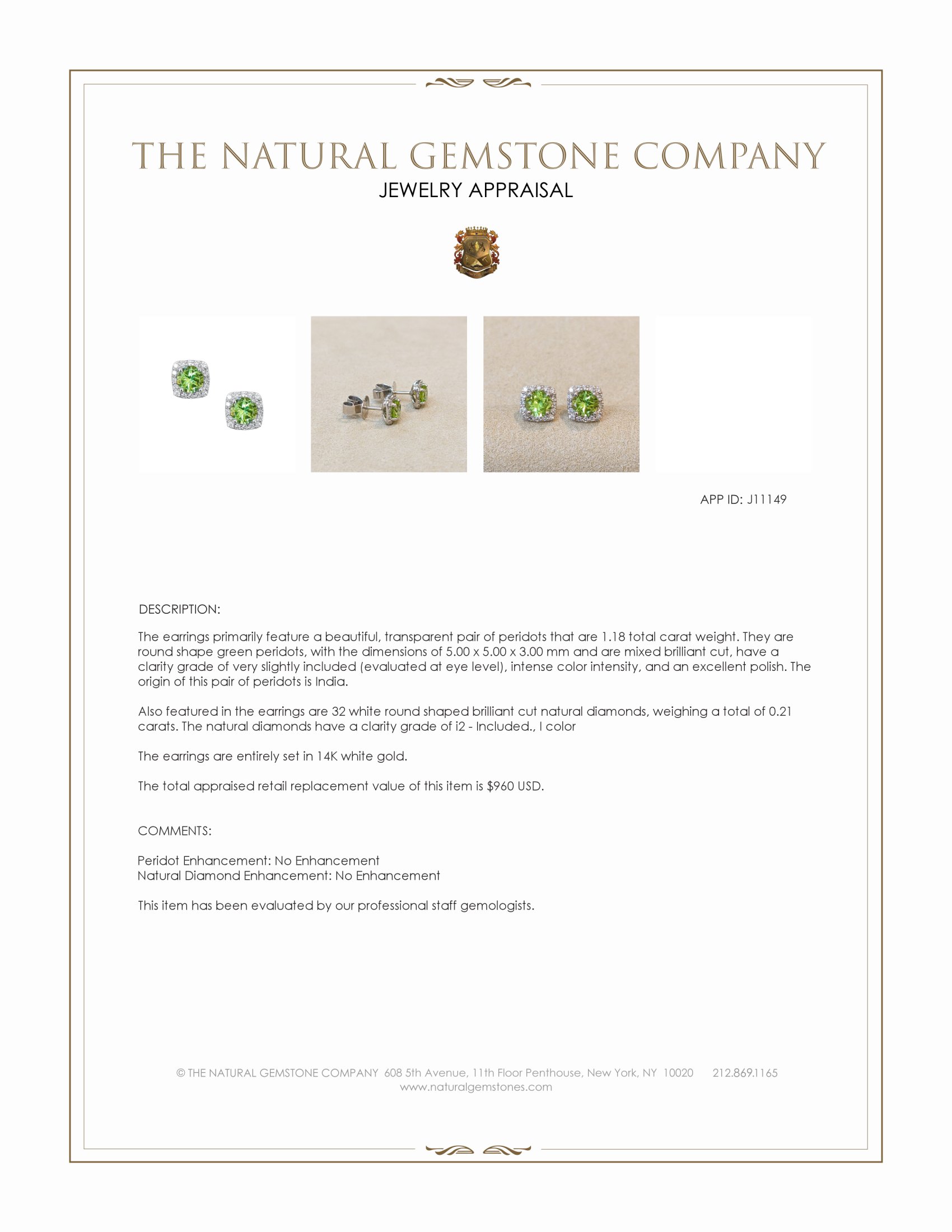1.18 Ct.Tw. Green Peridot and Natural Diamond Studs Earrings, 14K White Gold