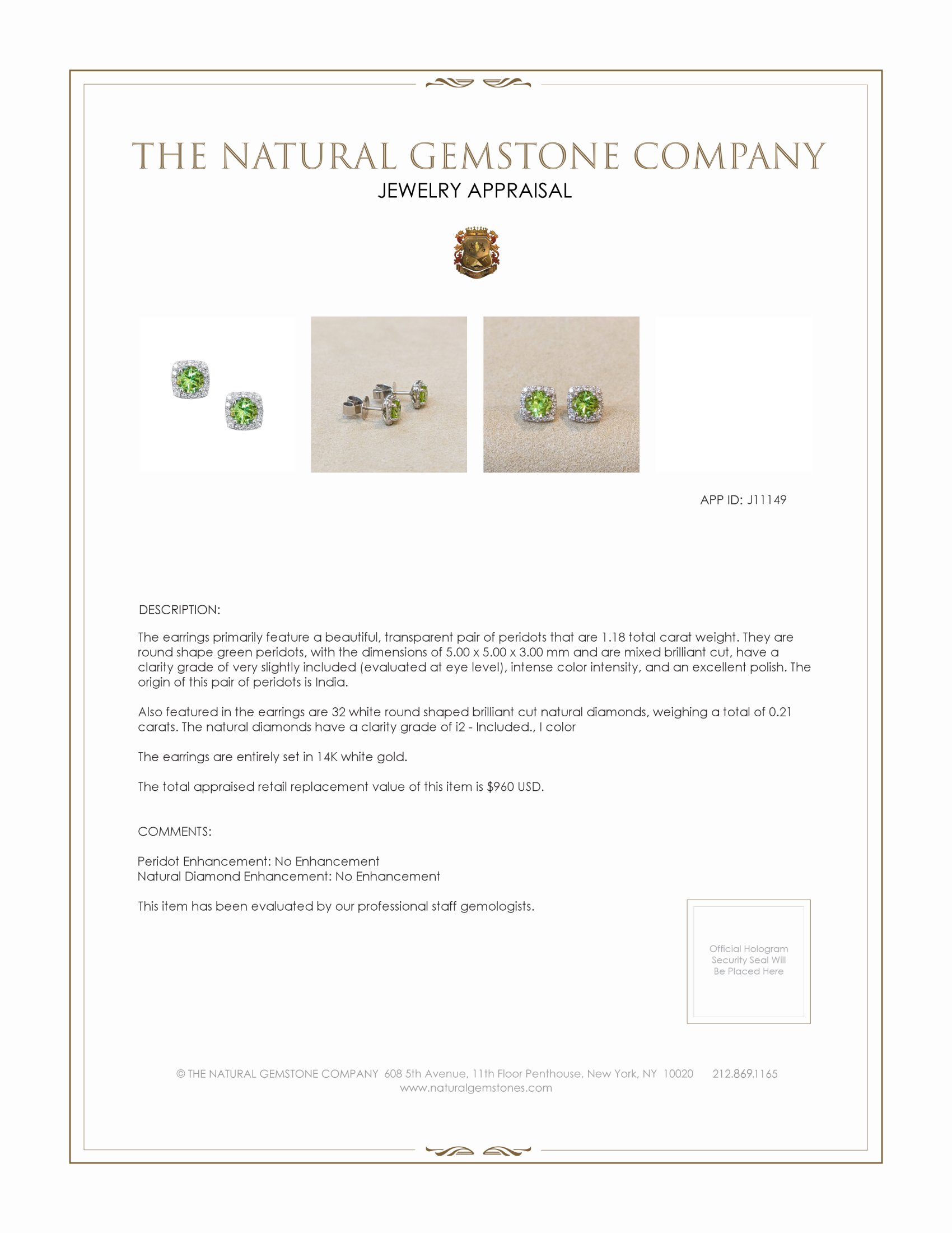 1.18 Ct.Tw. Green Peridot and Natural Diamond Studs Earrings, 14K White Gold