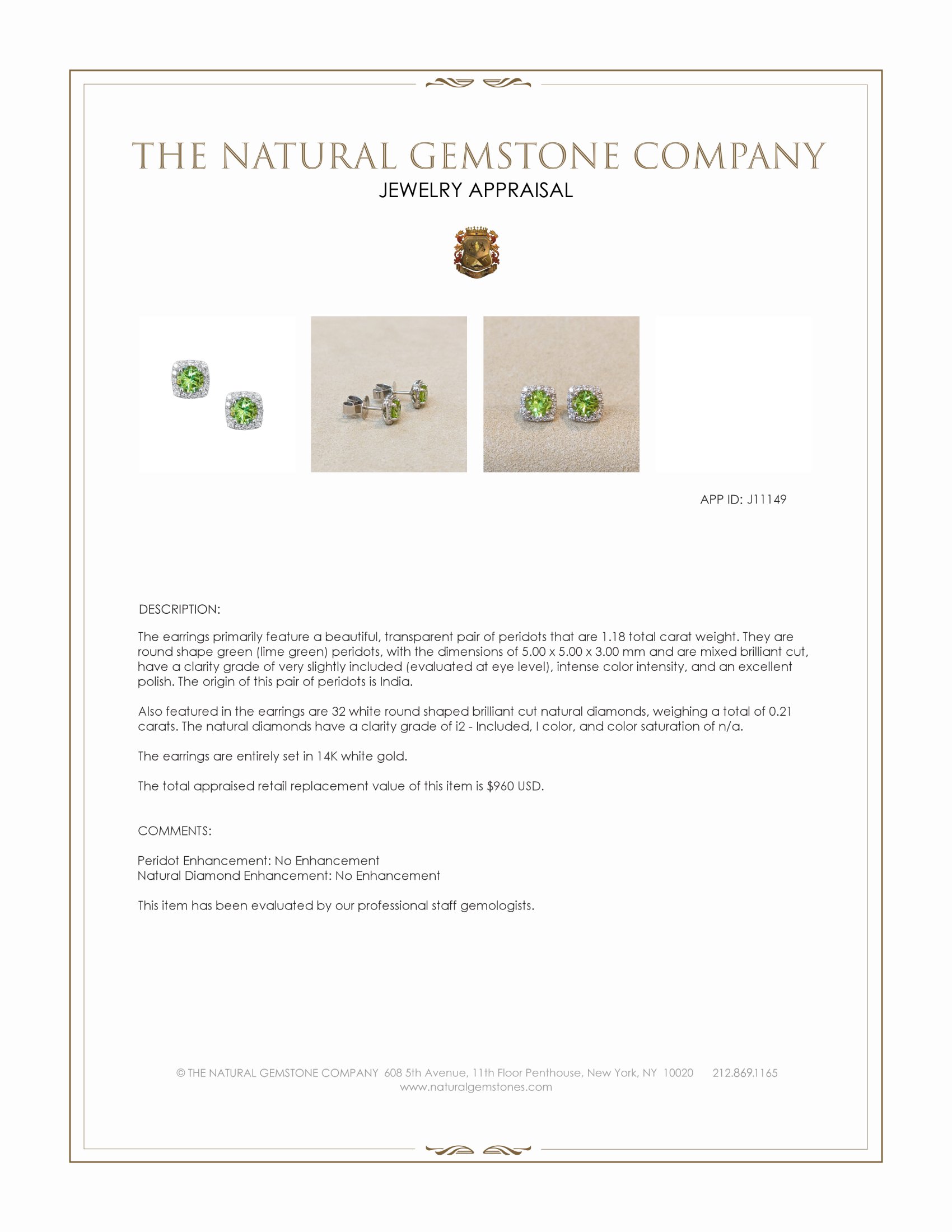 1.18 Ct.Tw. Green (Lime Green) Peridot and Natural Diamond Studs Earrings, 14K White Gold