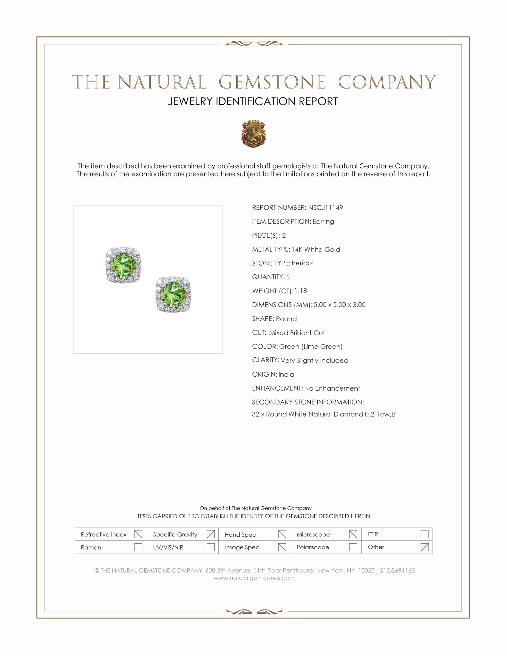 1.18 Ct.Tw. Green (Lime Green) Peridot and Natural Diamond Studs Earrings, 14K White Gold