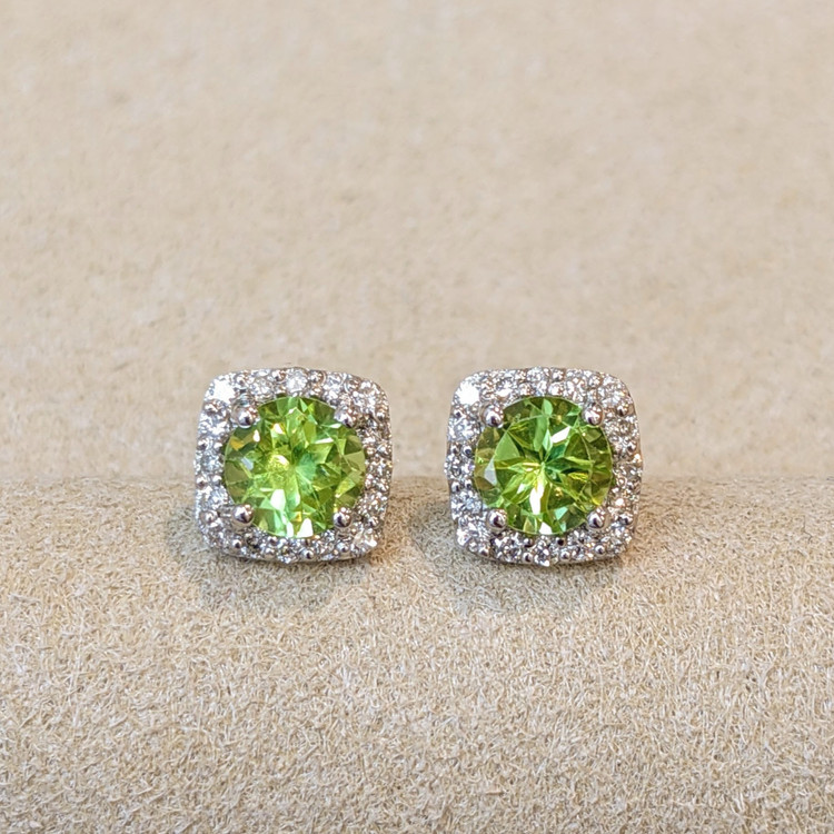 1.18 Ct.Tw. Peridot Natural Diamond Studs Earrings, 14K White Gold
