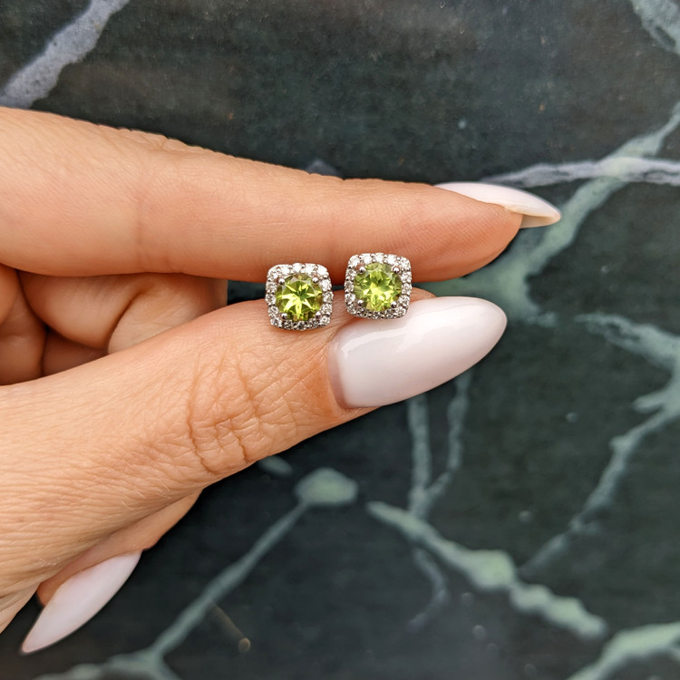 1.18 Ct.Tw. Peridot Natural Diamond Studs Earrings, 14K White Gold