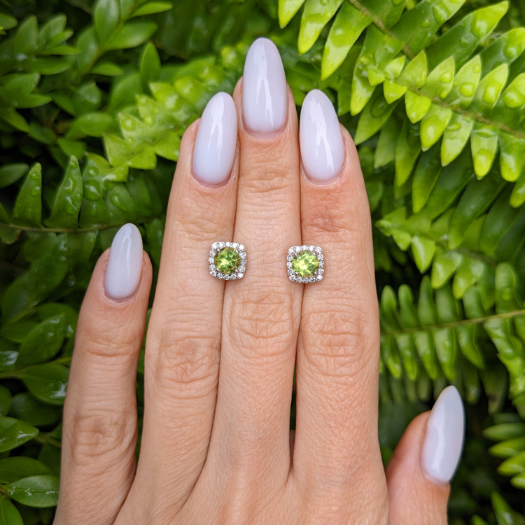 1.18 Ct.Tw. Peridot Natural Diamond Studs Earrings, 14K White Gold