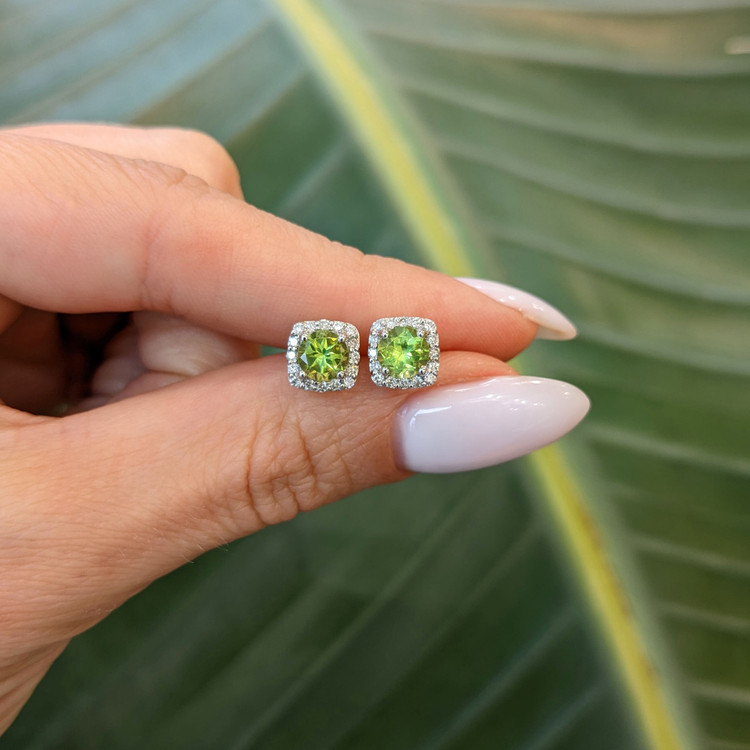 1.18 Ct.Tw. Peridot Natural Diamond Studs Earrings, 14K White Gold