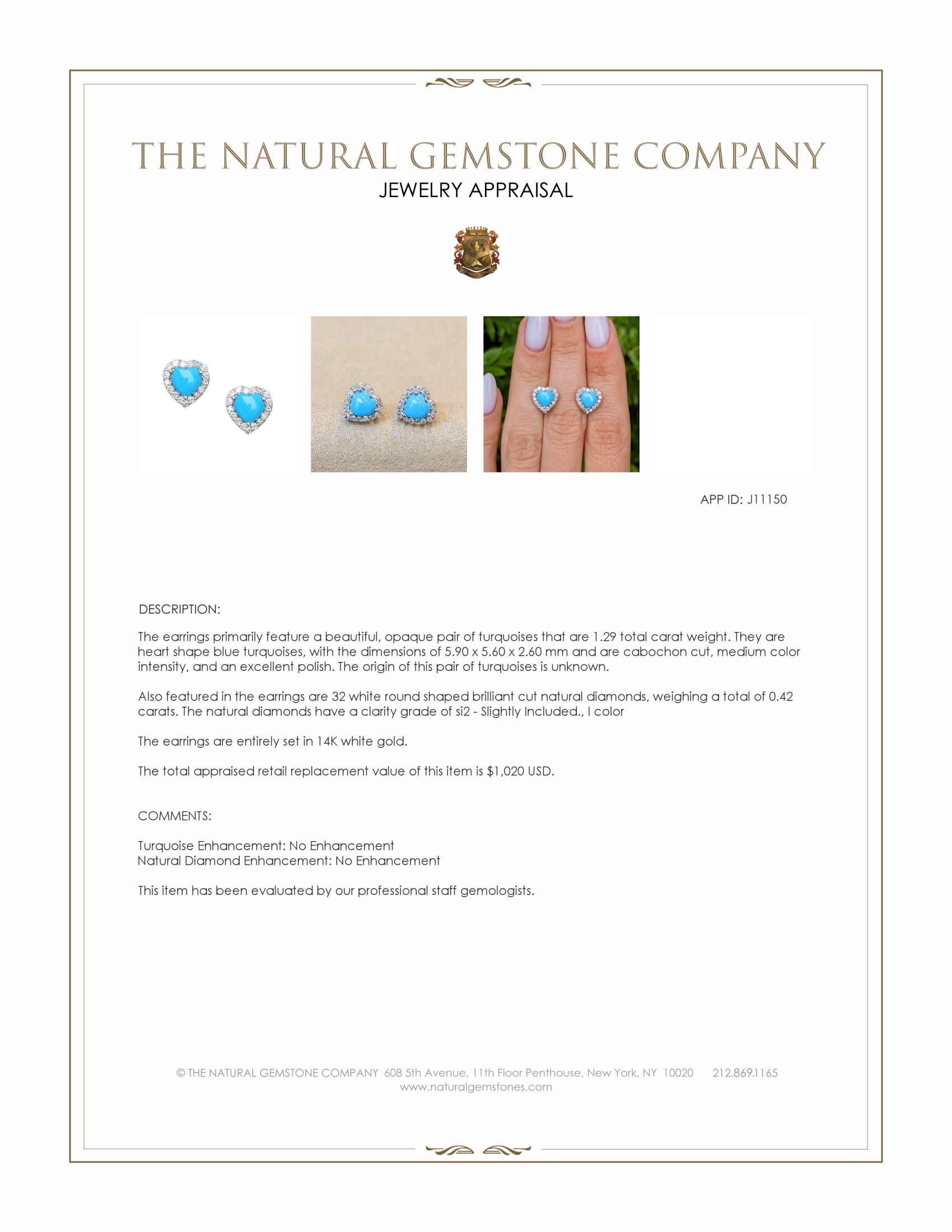 1.29 Ct.Tw. Blue Turquoise and Natural Diamond Studs Earrings, 14K White Gold