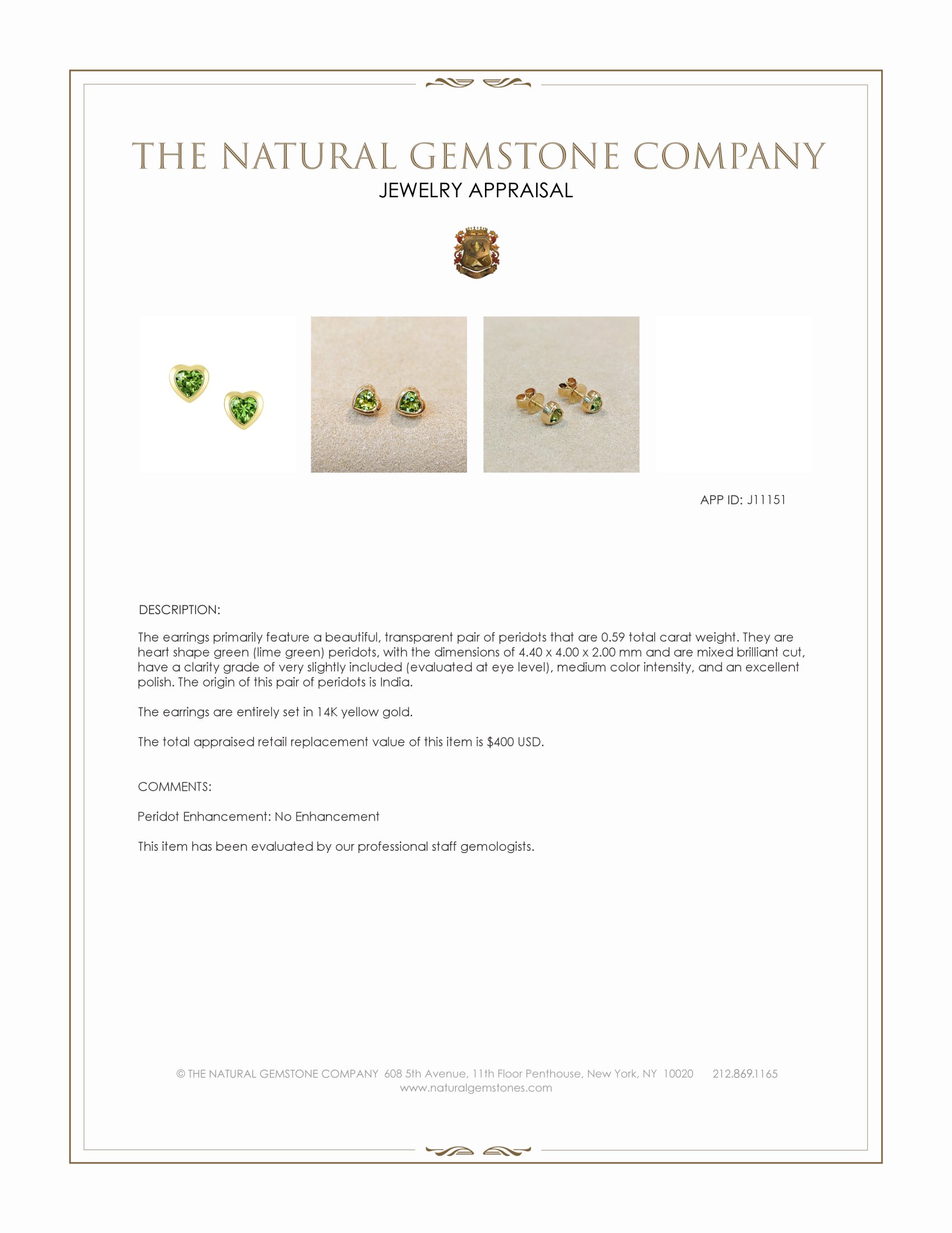 0.59 Ct.Tw. Green (Lime Green) Peridot Studs Earrings, 14K Yellow Gold