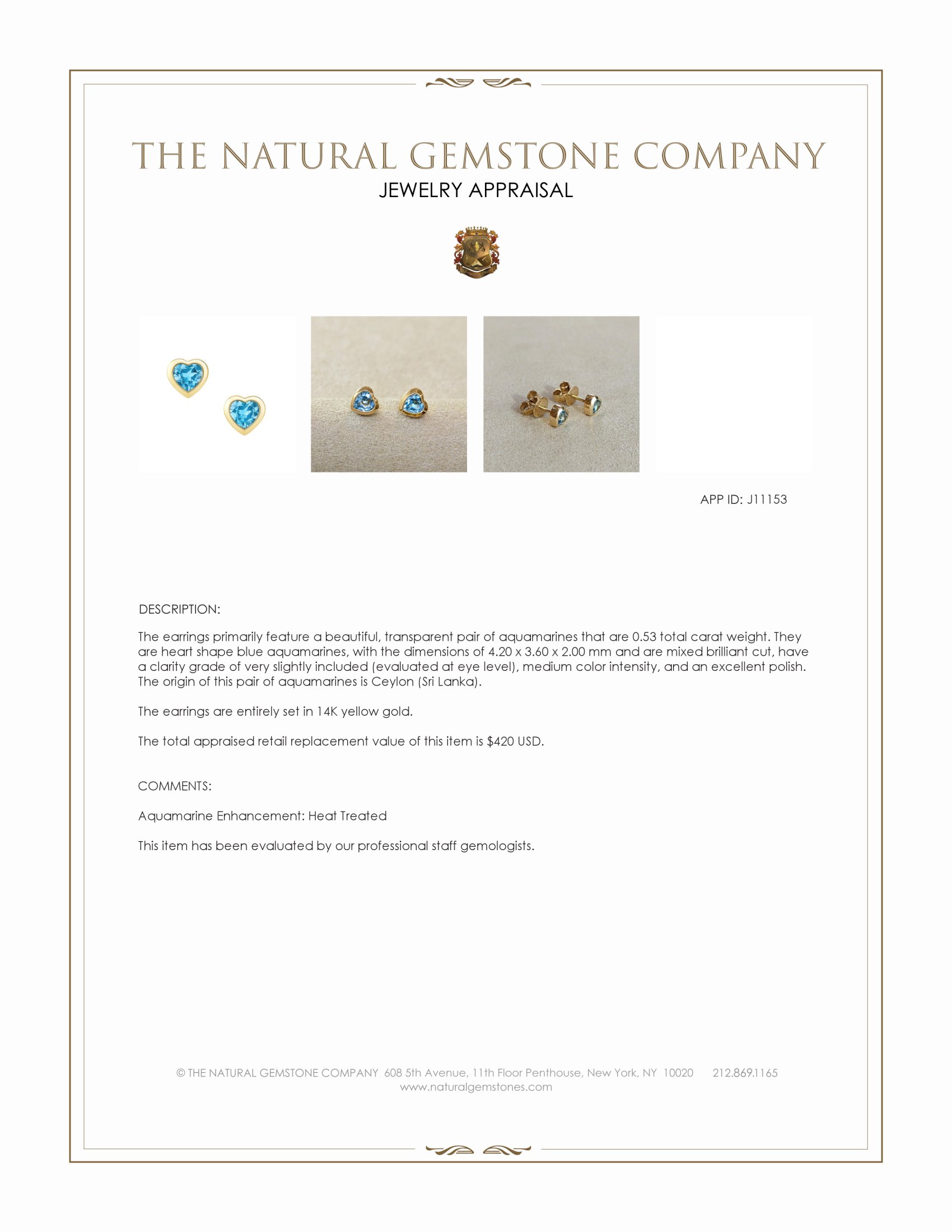 0.53 Ct.Tw. Blue Aquamarine Studs Earrings, 14K Yellow Gold