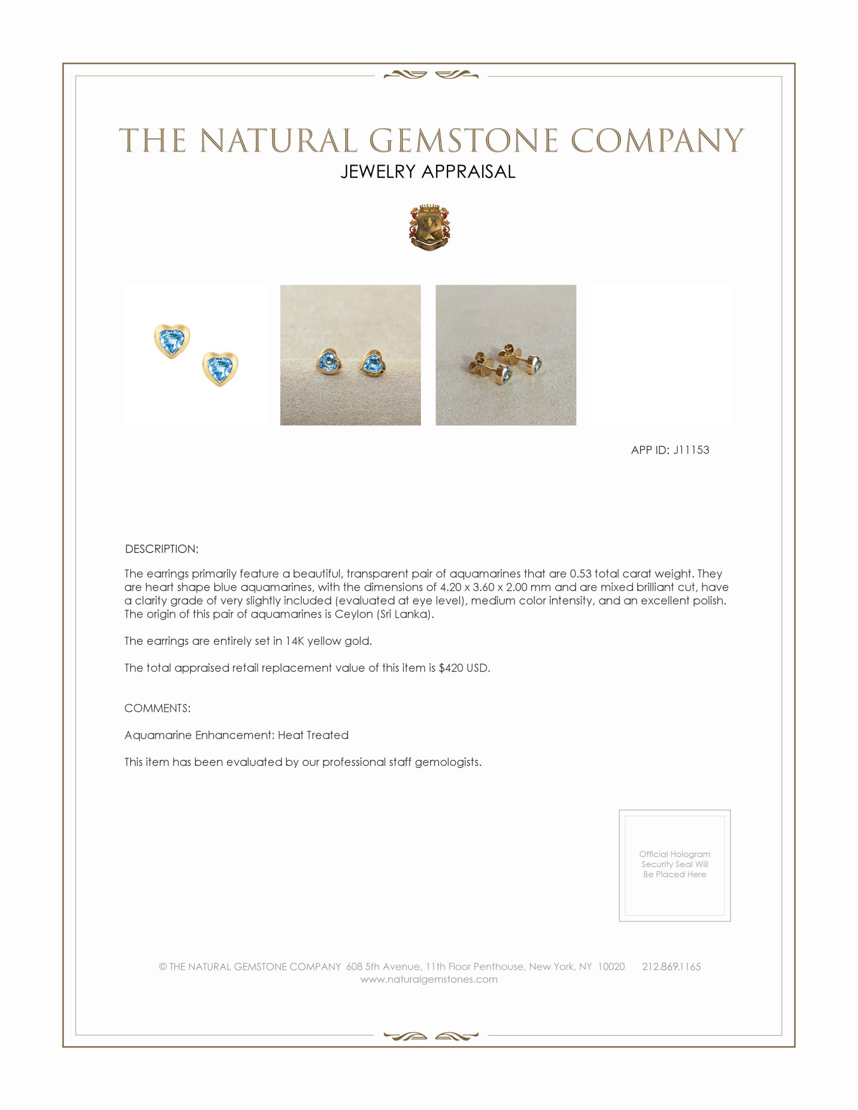 0.53 Ct.Tw. Aquamarine Studs Earrings, 14K Yellow Gold