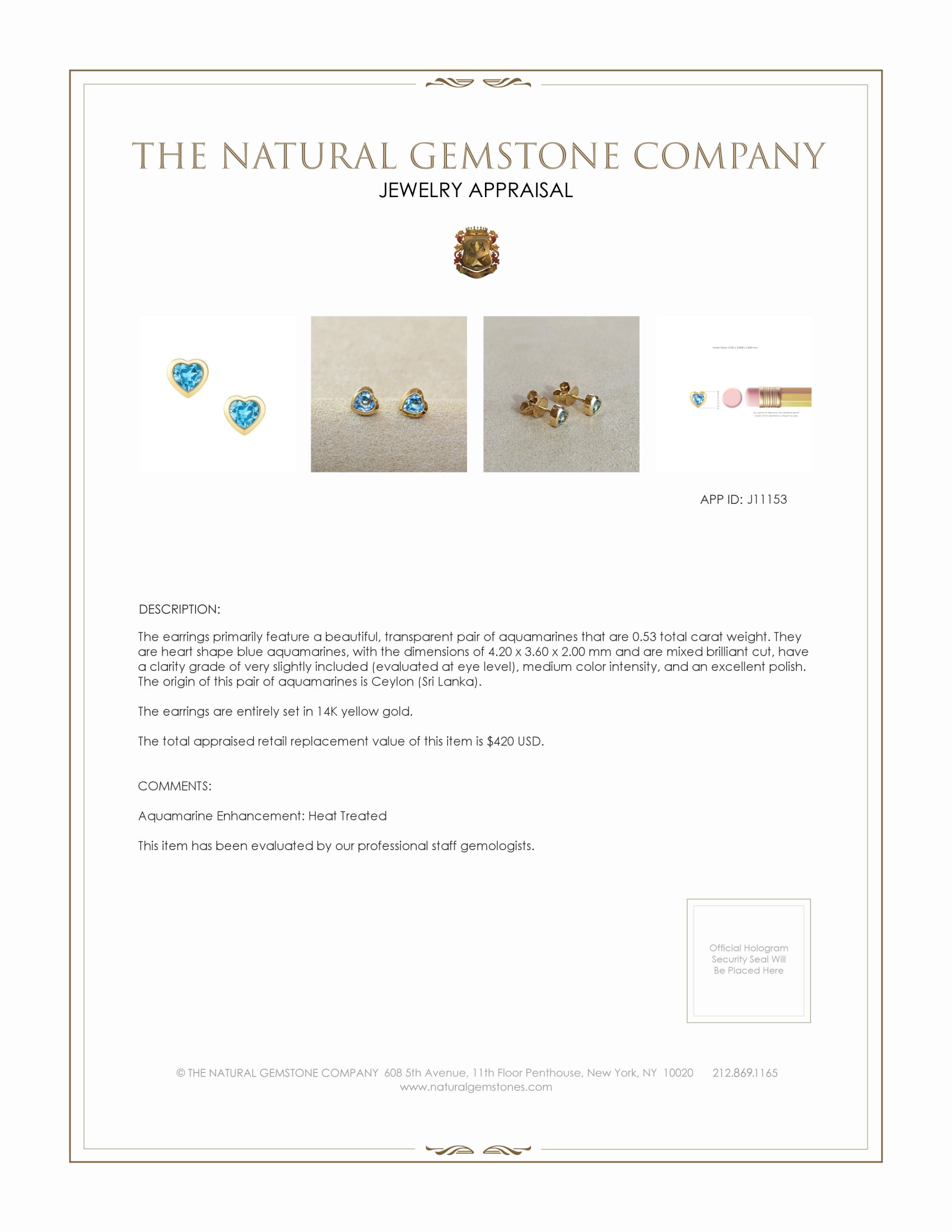 0.53 Ct.Tw. Aquamarine Studs Earrings, 14K Yellow Gold