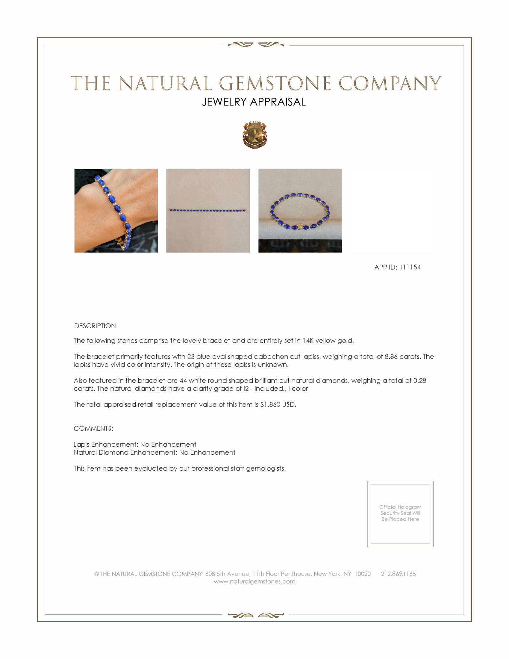 8.86 Ct.Tw. Lapis Natural Diamond Tennis/Line Bracelet, 14K Yellow Gold