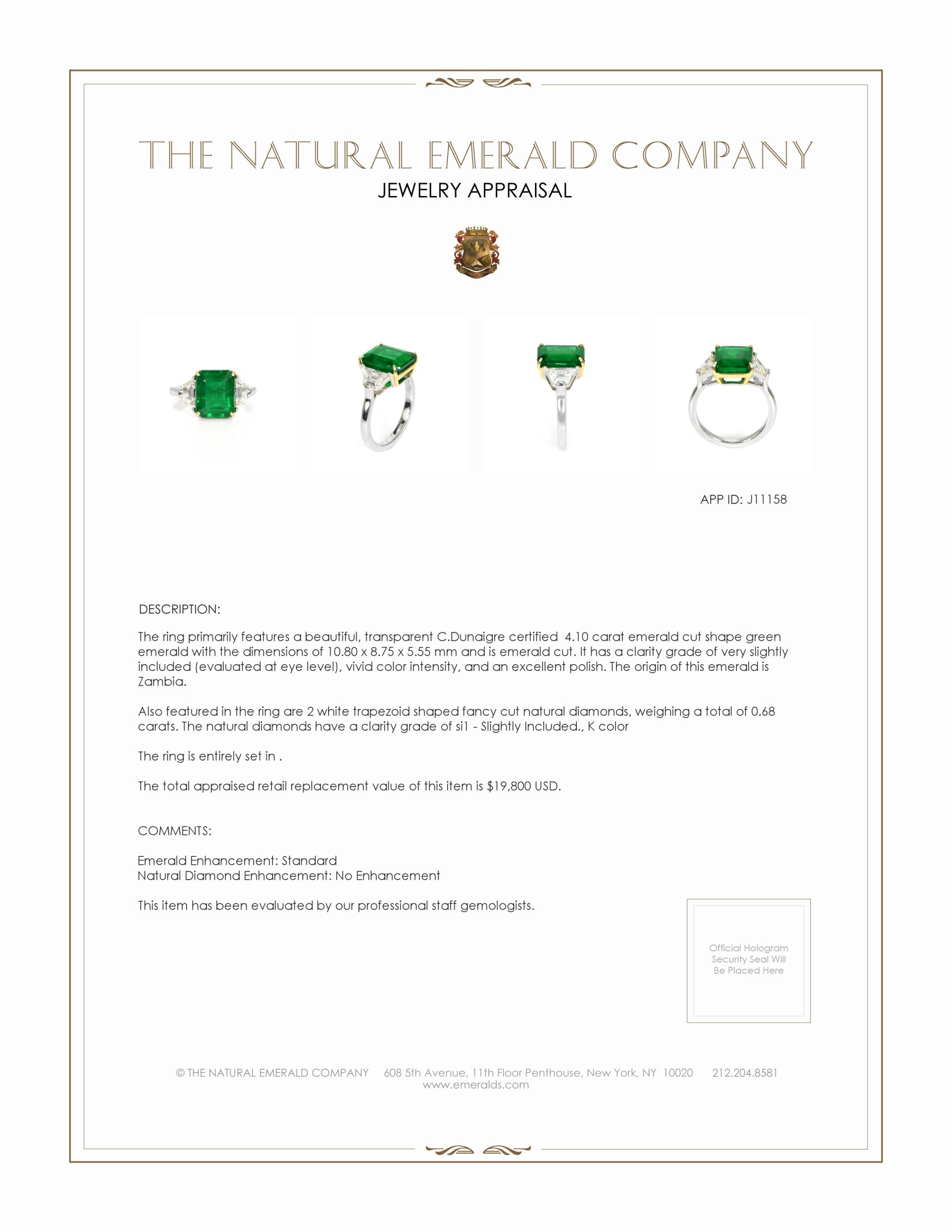 4.10 Ct. Emerald and Natural Diamond Three Stone Ring, Platinum & 14K Yellow