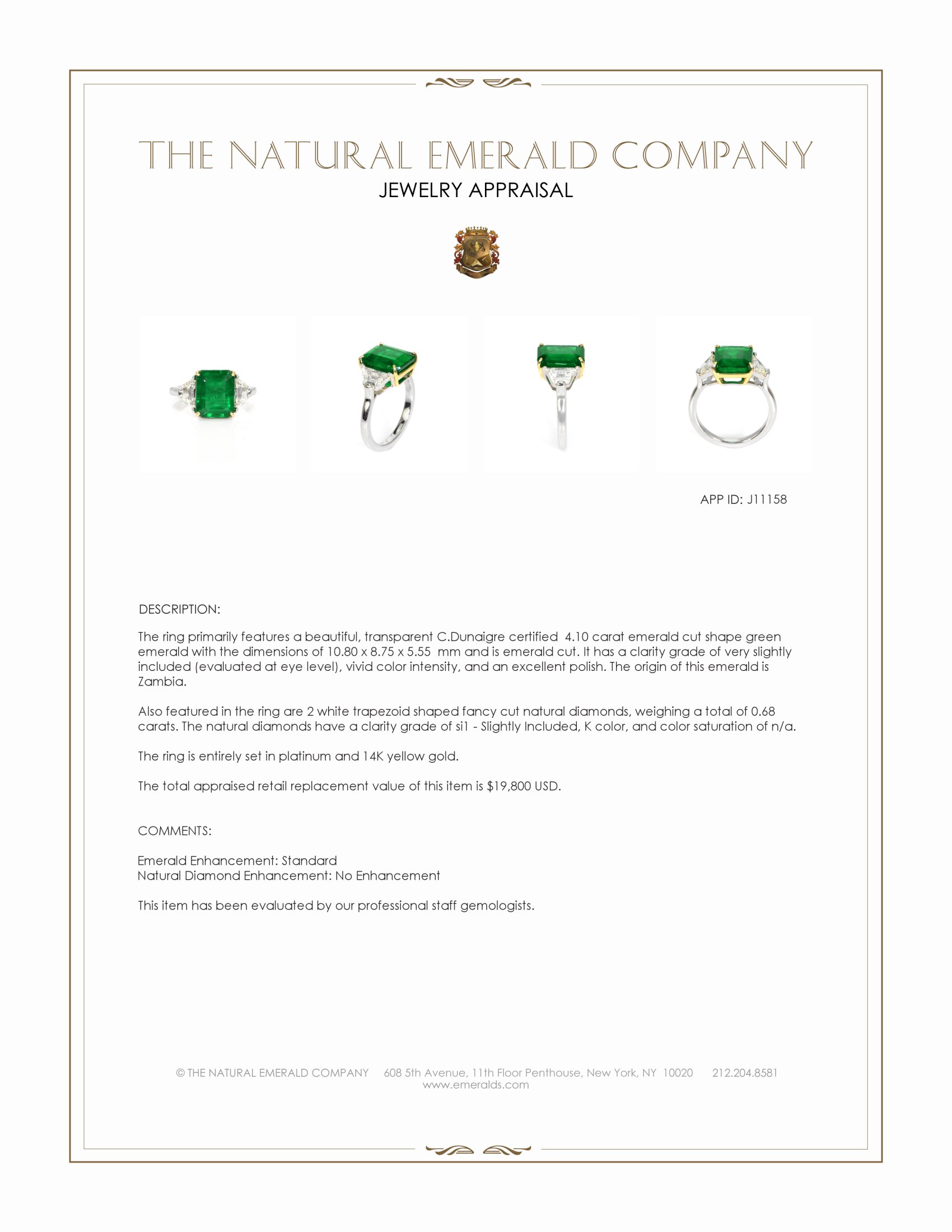 4.10 Ct. Emerald and Natural Diamond Three Stone Ring, Platinum & 14K Yellow