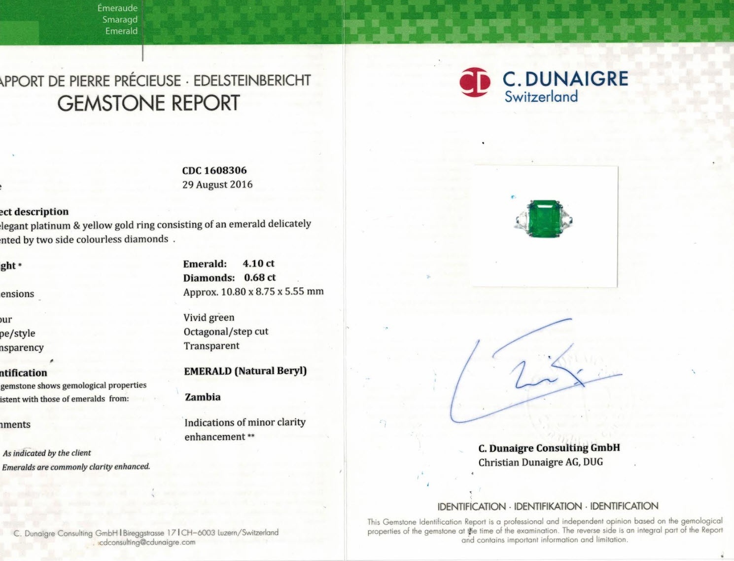 4.10 Ct. Emerald and Natural Diamond Three Stone Ring, Platinum & 14K Yellow