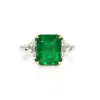 4.10 Ct. Emerald Natural Diamond Three Stone Ring, Platinum & 14K Yellow Video