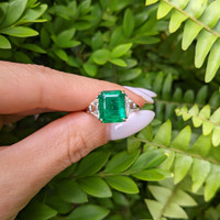 4.10 Ct. Emerald Natural Diamond Three Stone Ring, Platinum & 14K Yellow Life Style