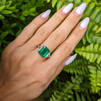 4.10 Ct. Emerald Natural Diamond Three Stone Ring, Platinum & 14K Yellow Life Style