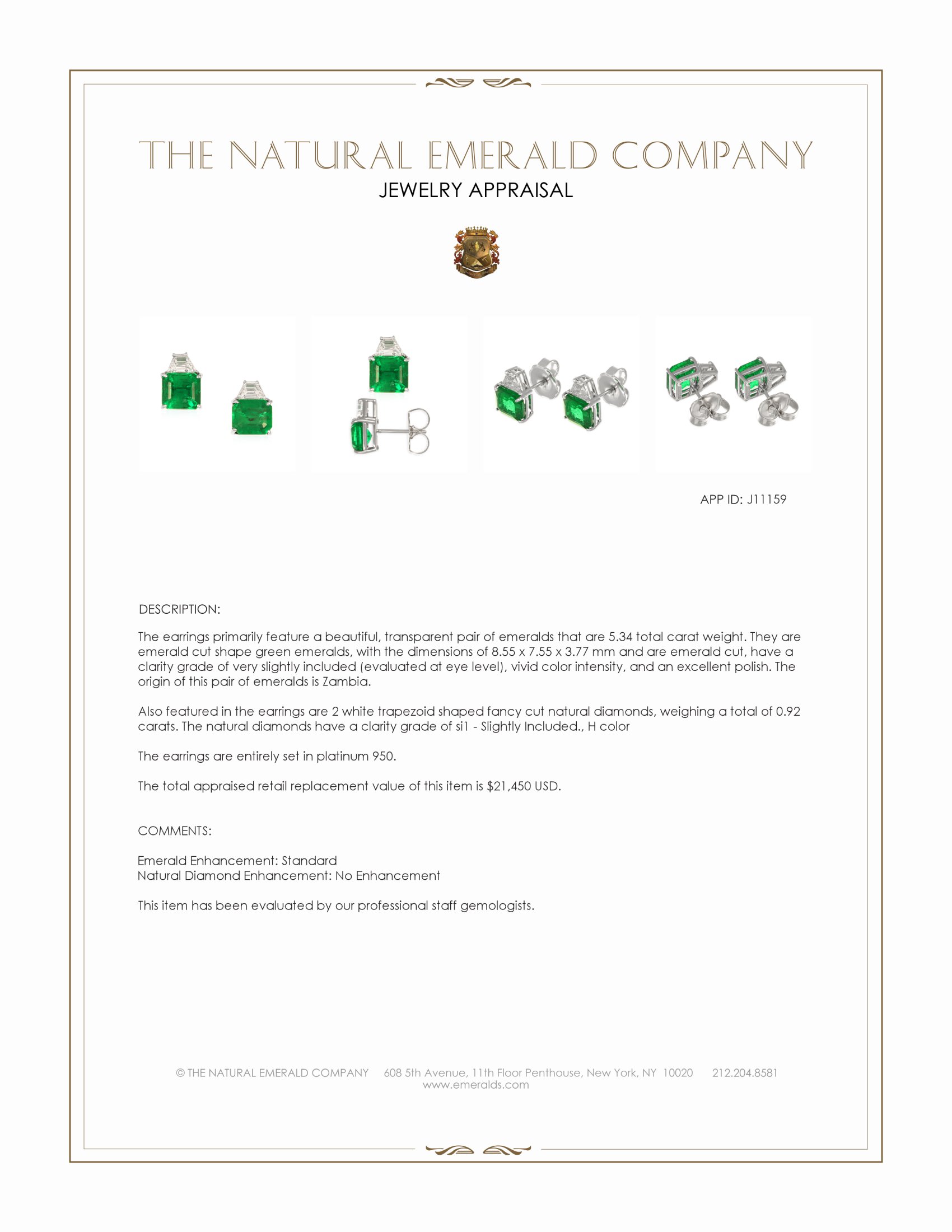 5.34 Ct.Tw. Emerald and Natural Diamond Studs Earrings, Platinum 950