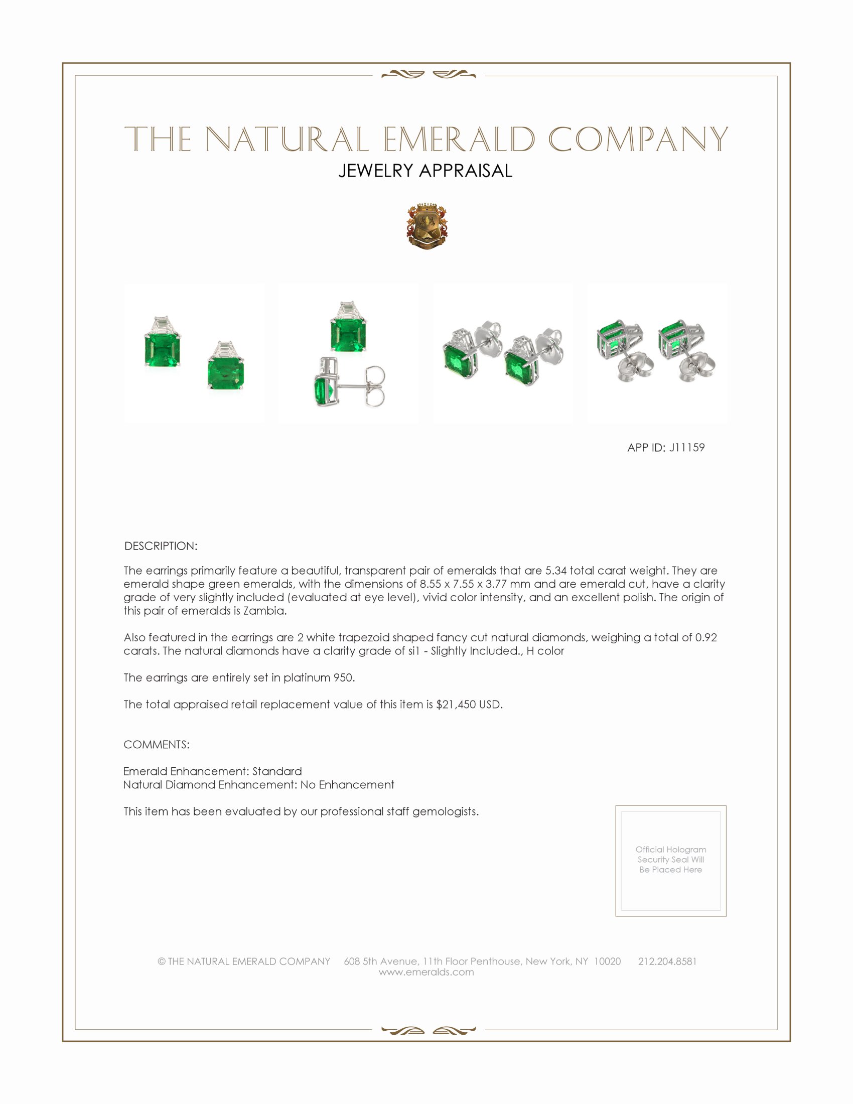 5.34 Ct.Tw. Emerald Natural Diamond Studs Earrings, Platinum 950