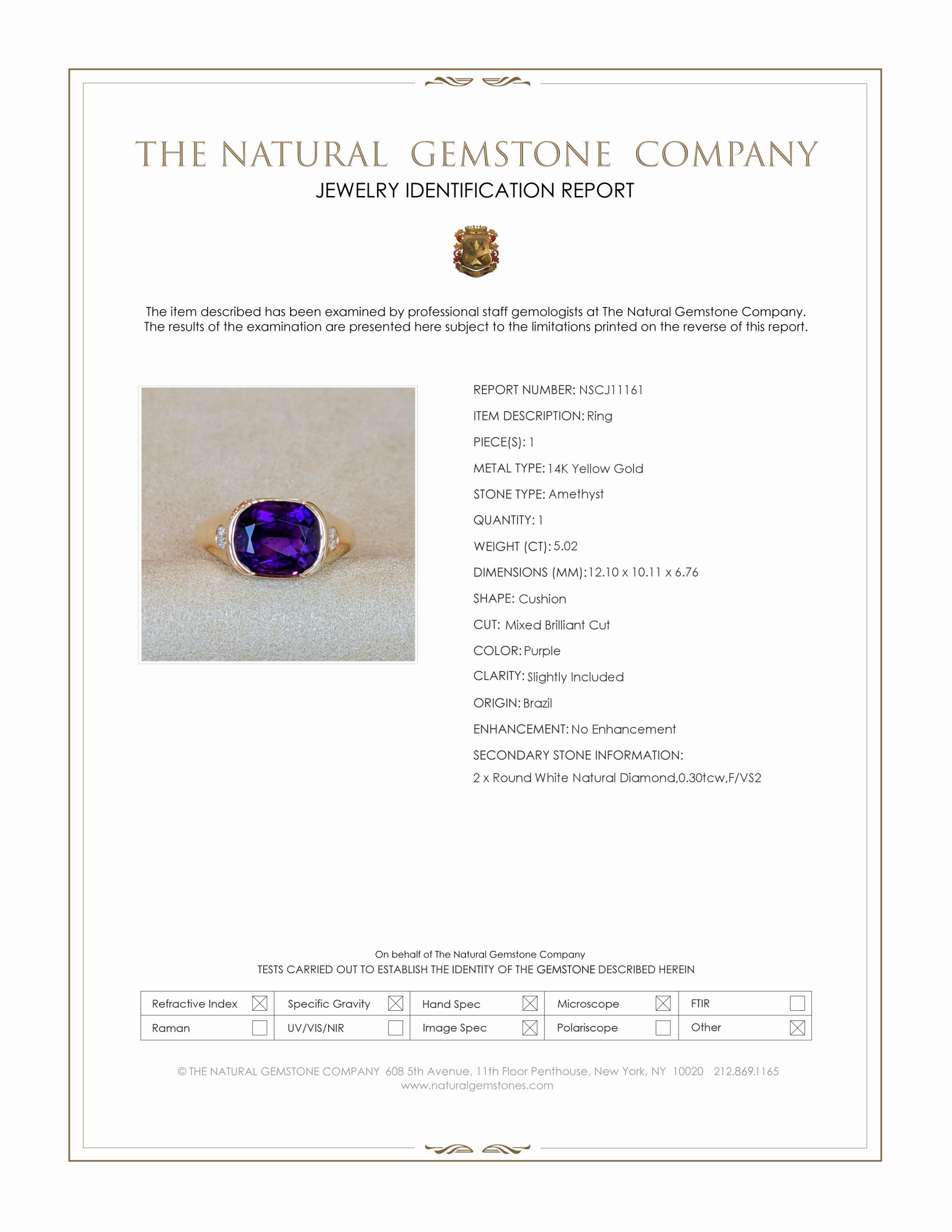 5.02 Ct. Purple Amethyst and Natural Diamond Men's Ring, 14K Yellow Gold