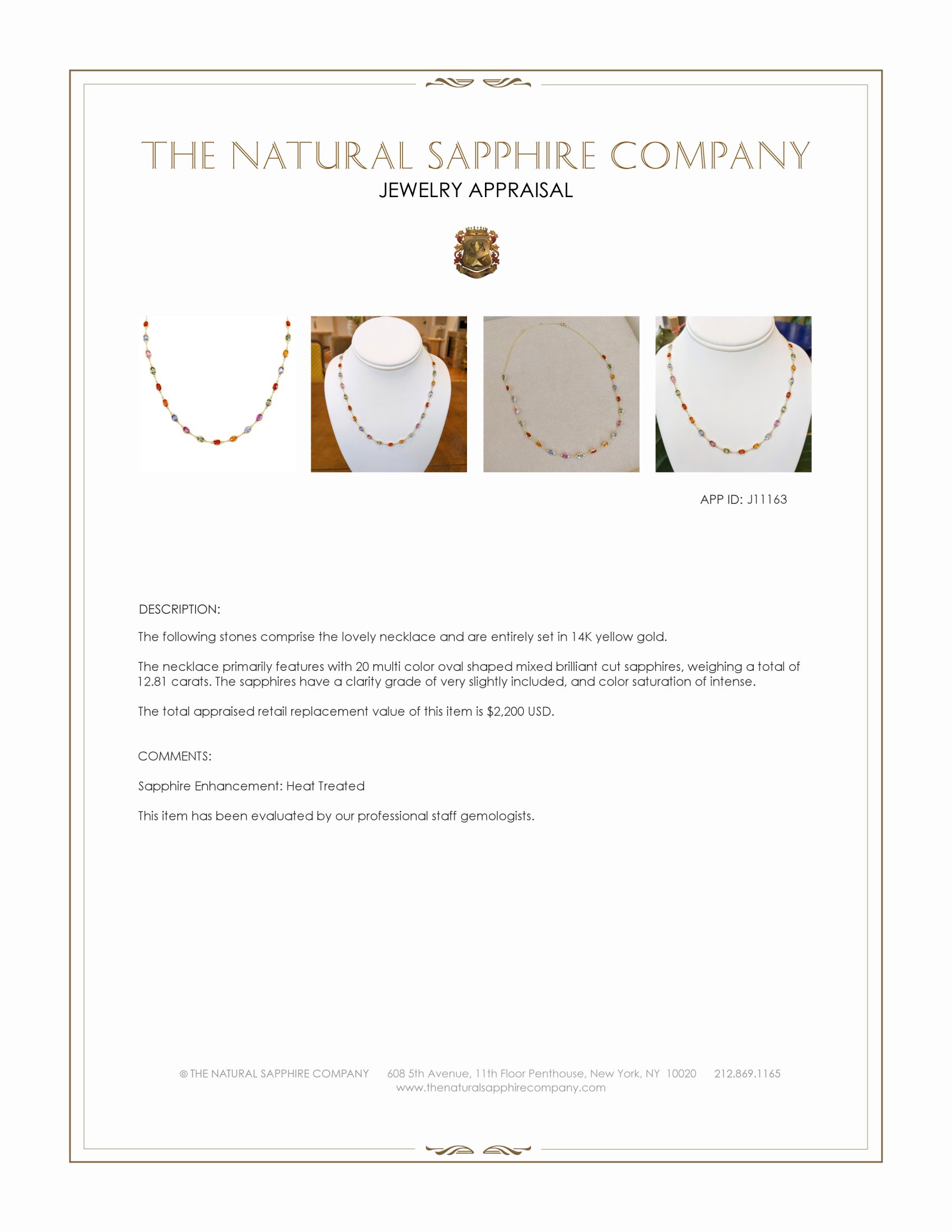 12.81 Ct. Multi Color Sapphire Bezel Necklace, 14K Yellow Gold